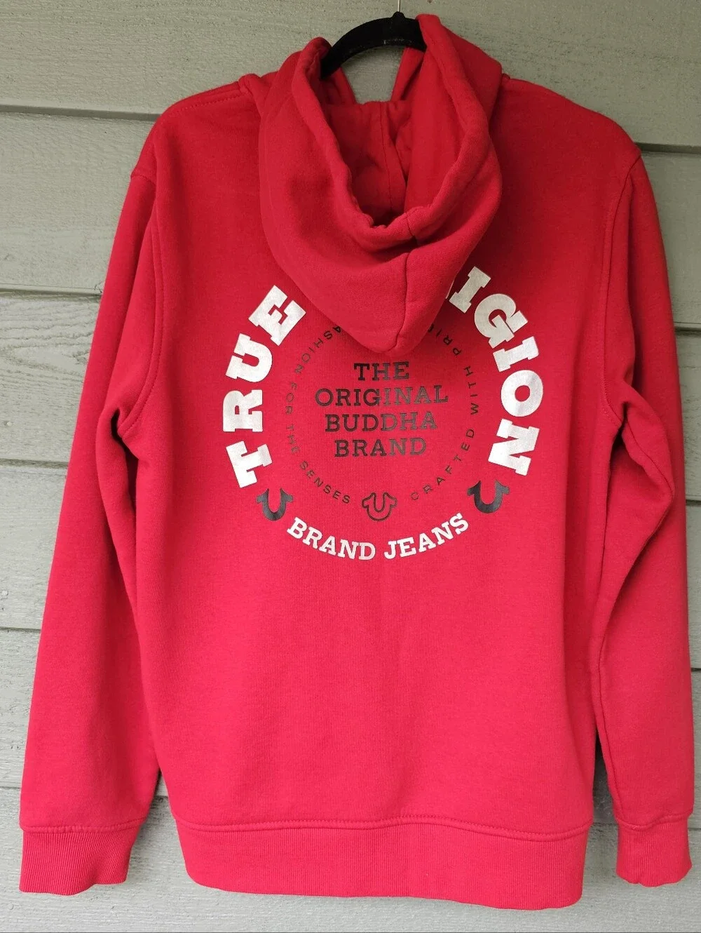 True Religion Bright Red Full-Zip Hoodie with Logo Patch Men's Size Large